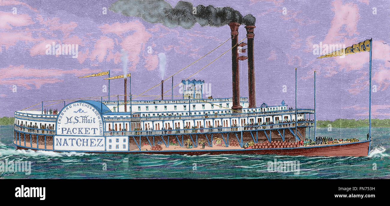 USA. des 19. Jahrhunderts. US-Mail Paket Natchez Dampf Boot segeln durch den Mississippi River. Louisiana. Gravur. Farbige. Stockfoto
