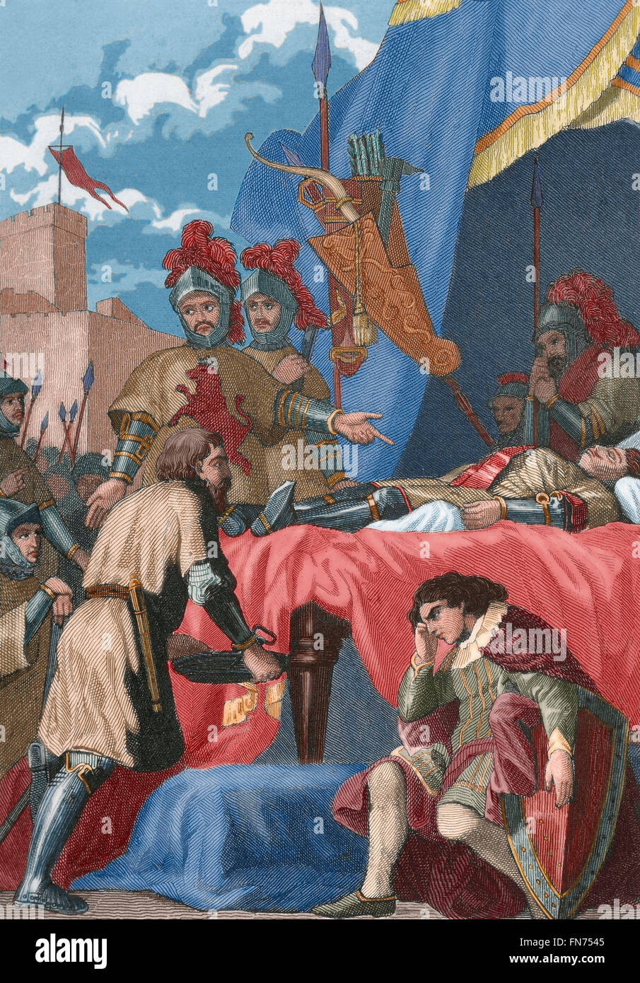 Rodrigo Diaz de Vivar (c.1043-1099), bekannt als El Cid. Kastilischen Edelmann, Heerführer und Diplomat. Tod von El Cid. Kupferstich, 19. Jahrhundert. Farbige. Stockfoto