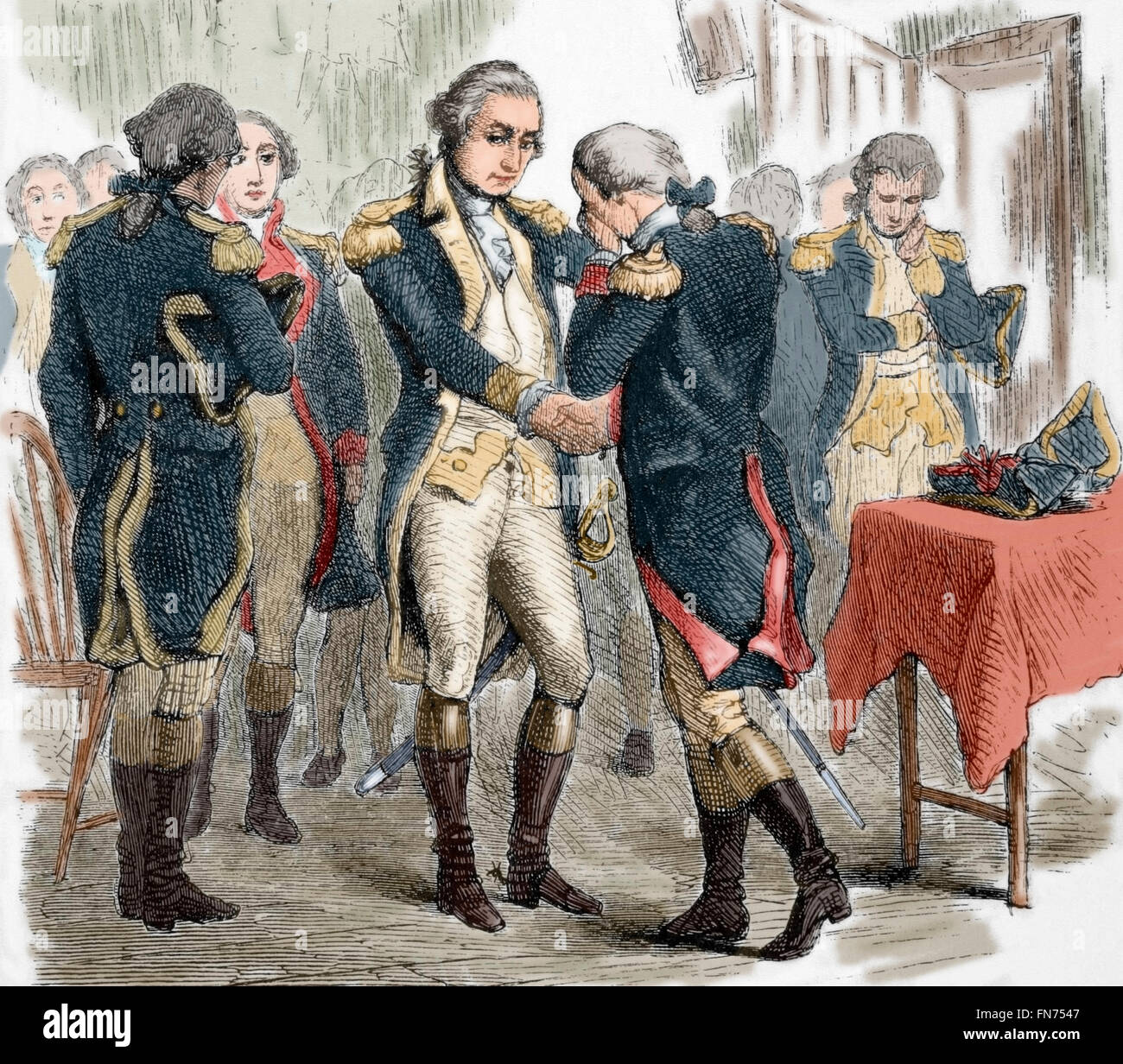 Amerikanischer Unabhängigkeitskrieg (1775-1783). Washingtons Abschied von seinen Offizieren am 4. Dezember 1783 zum Rücktritt als ein Commander-in-Chief der Kontinentalarmee nach dem Sieg der Vereinigten Staaten. Gravur. Farbige. Stockfoto