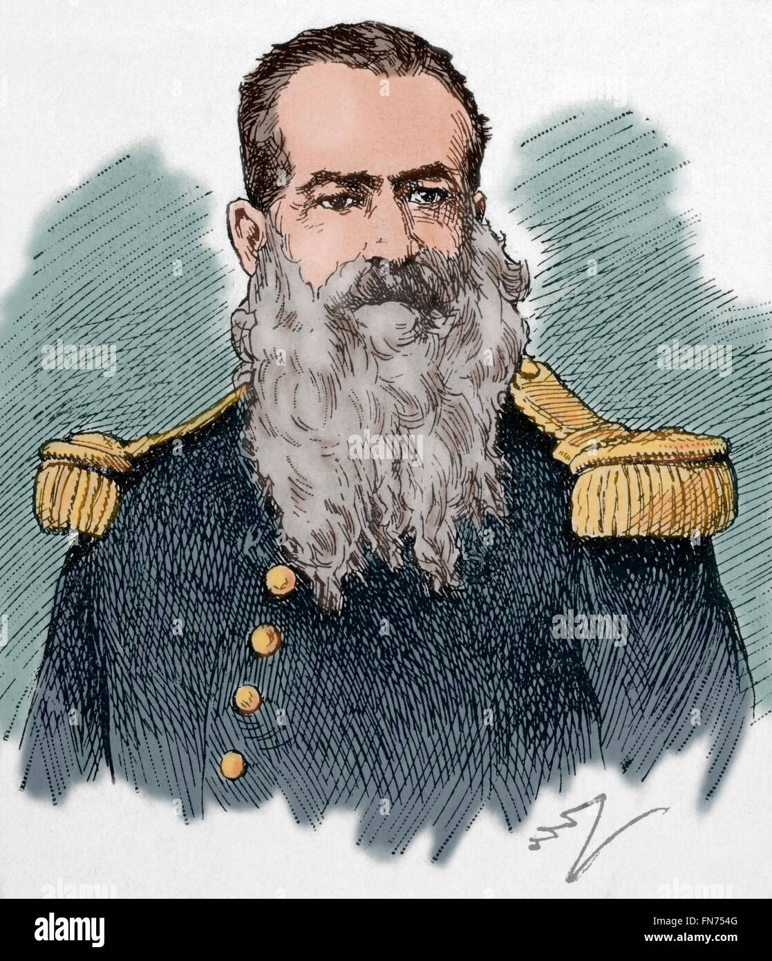 General José Calixto Mendizabal Aparicio (1837-1898). Guatemaltekischer Politiker. Minister für Krieg und Vice-Präsident von Guatemala. Porträt. Gravur. Farbige. Stockfoto
