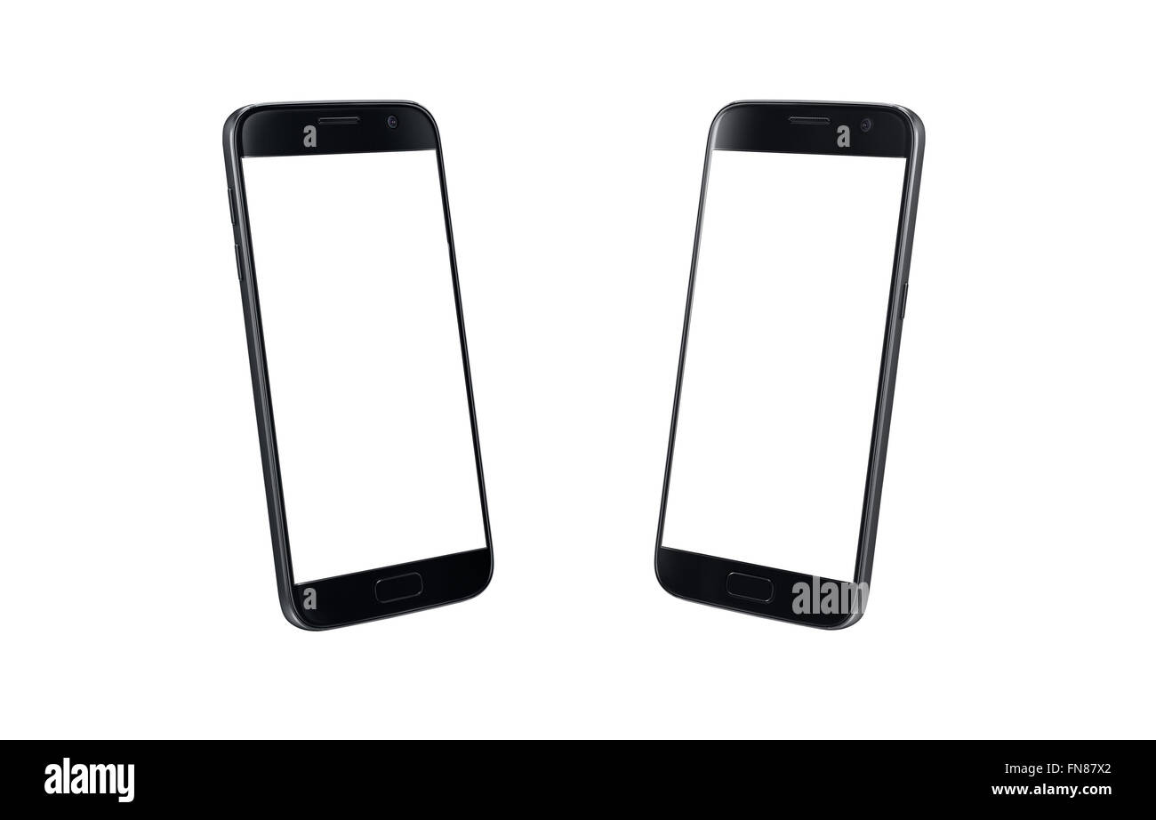 Schwarze moderne Smartphone isometrischen Ansicht. Weißer Bildschirm für Mockup, isoliert, zwei seitlichen. Stockfoto