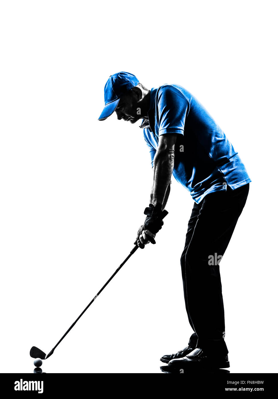 ein Mann Golfer Golf Golfschwung Silhouette Studio isoliert auf weißem Hintergrund Stockfoto