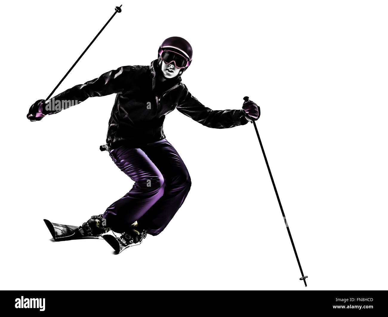 eine Frau Skifahrer Ski slaloming Silhouette auf weißem Hintergrund Stockfoto