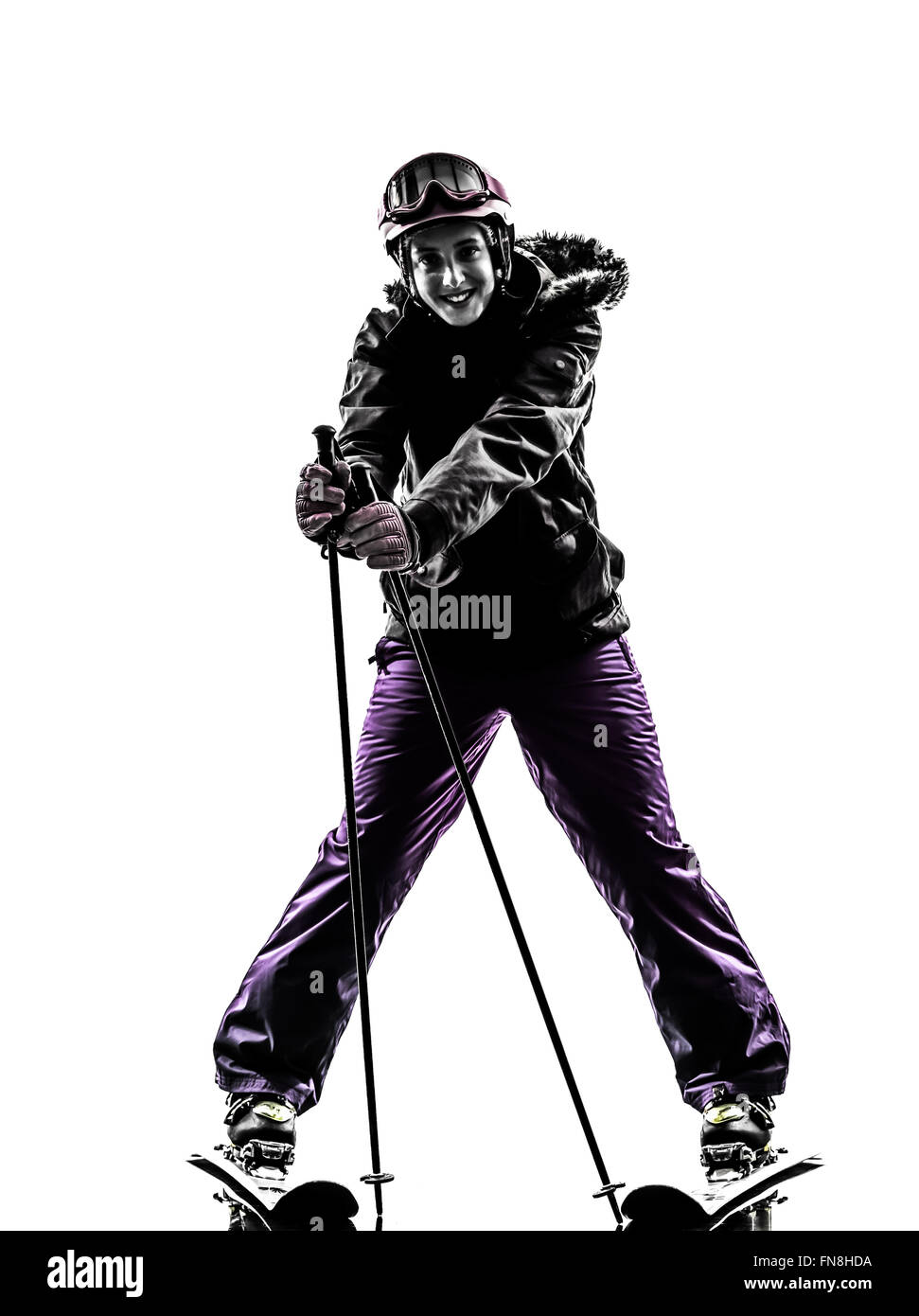 eine Frau Skifahrer Ski glücklich fröhlich in der Silhouette auf weißem Hintergrund Stockfoto