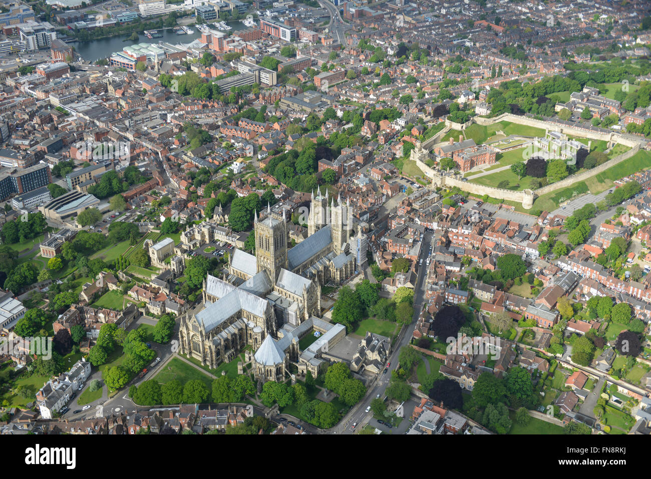 Eine Luftaufnahme des Lincoln zeigt die Kathedrale und das Schloss Stockfoto