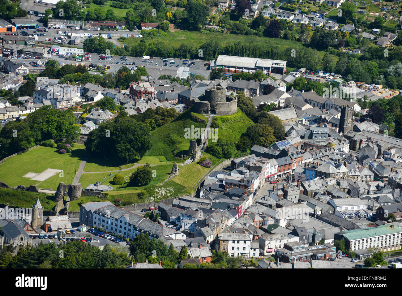 Eine Luftaufnahme von Launceston Castle in Cornwall Stockfoto