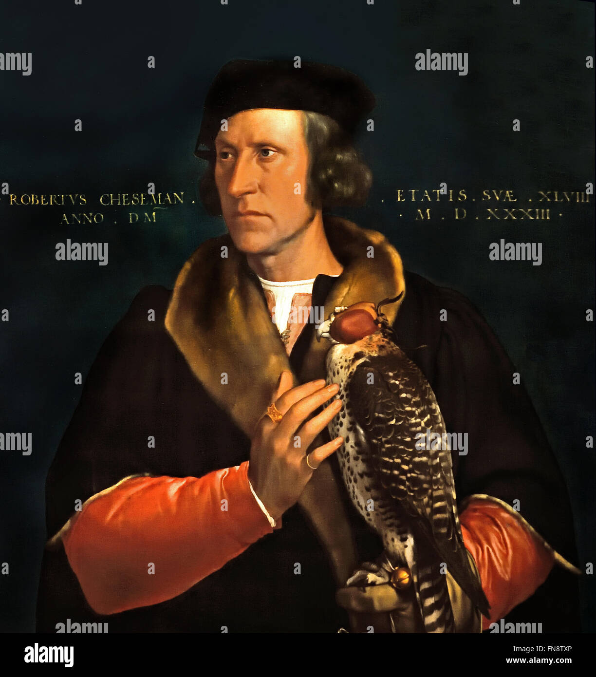 Porträt von Robert Cheseman (1485-1547), 1533 Hans Holbein dem jüngeren 1497-1543 Deutsch Deutschland (die lateinische Inschrift erzählt uns die Identität dieser Edelmann: Robert Cheseman, 48 Jahre alt, im Jahre 1533. Cheseman war der Chef Falkner, dem englischen König Heinrich VIII., einen ehrenvollen Platz. Er ist den Vogel auf der Hand mit einer zarten Geste streicheln. ) Stockfoto