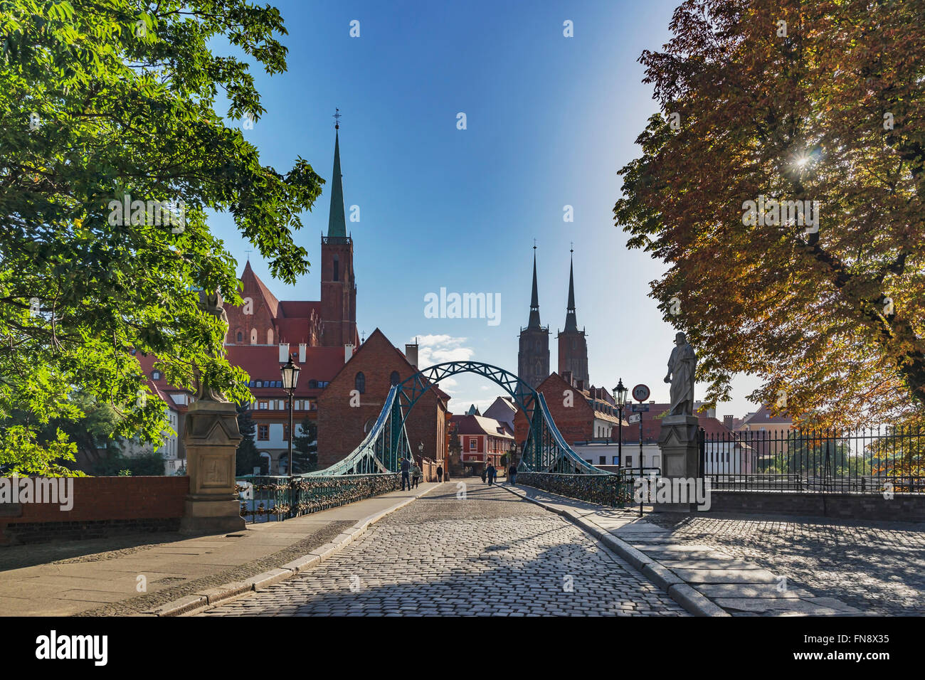 Die Kathedrale-Brücke verbindet die Sandinsel mit Dominsel, Wroclaw, untere Woiwodschaft Schlesien, Polen, Europa Stockfoto
