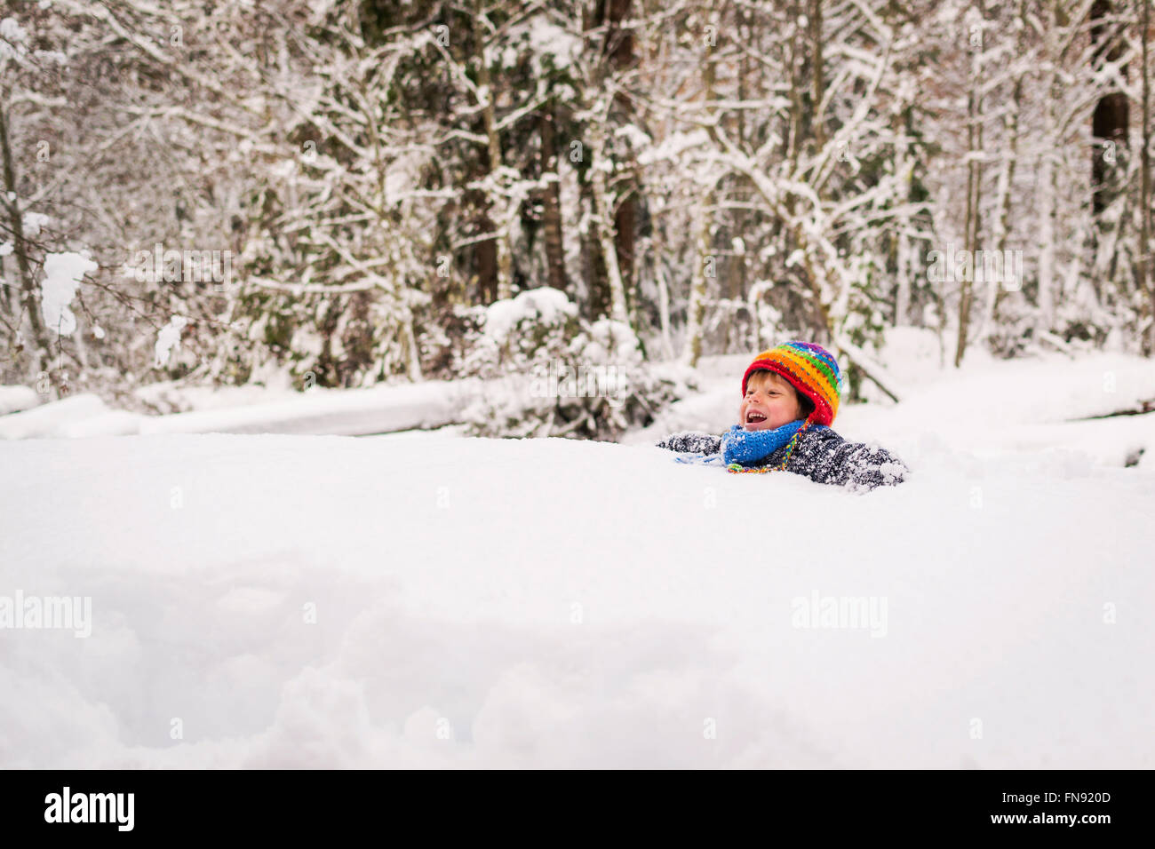 Fröhlicher Junge stecken im Schnee im Wald Stockfoto