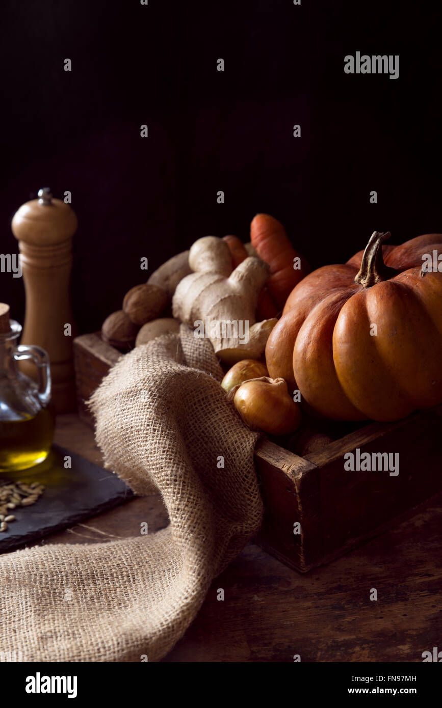 Kürbis, Ingwer, Olivenöl, Zwiebeln und Gewürze Stockfoto