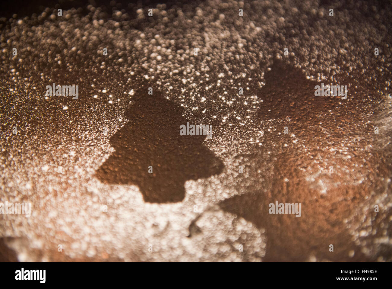 Weihnachtsbaum-Form-Umriss auf einer bemehlten Arbeitsfläche. Stockfoto