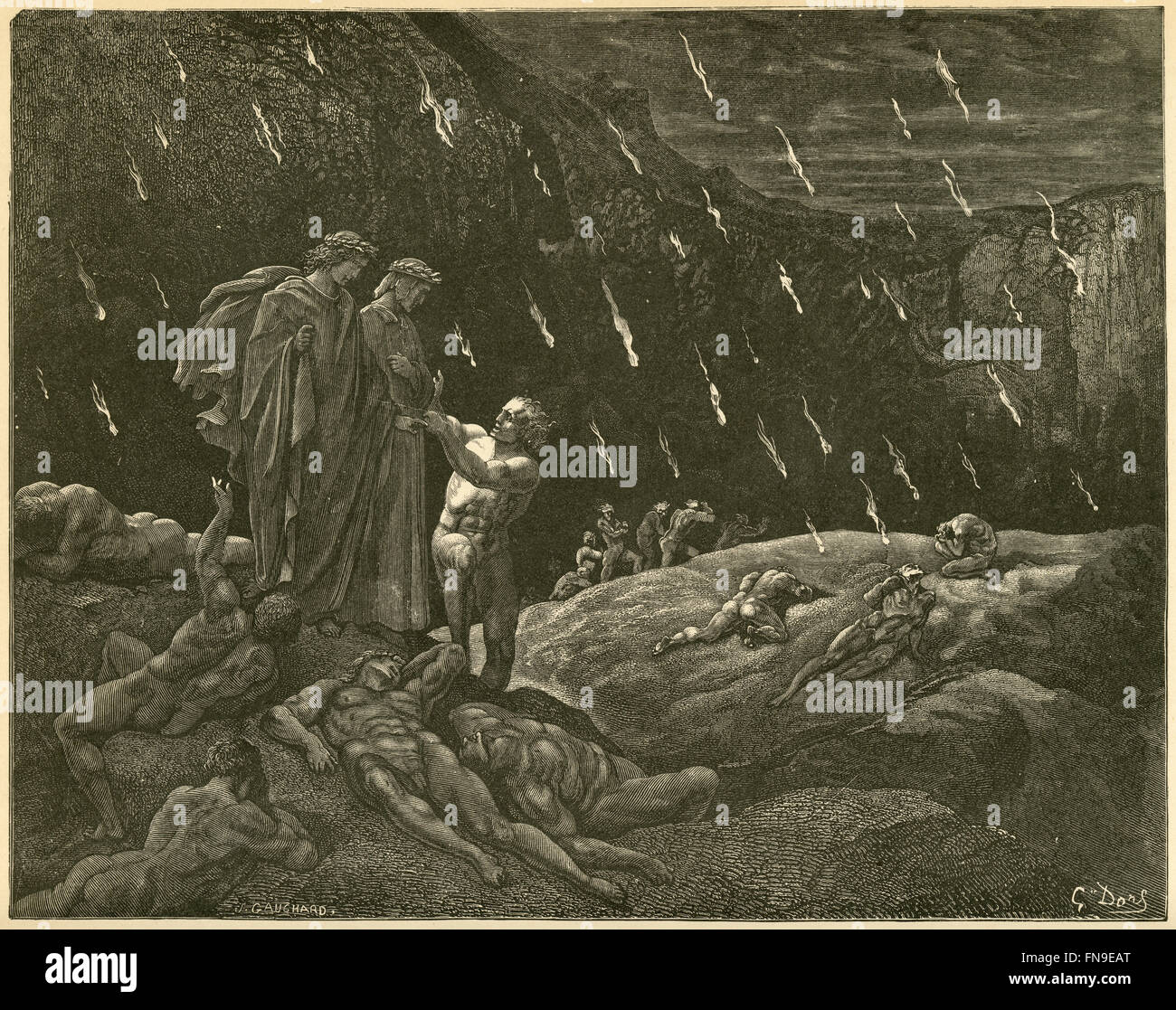 Antike ca. 1890 Gravur, Dante's Inferno von Gustave Dore, Canto XV Zeilen 28-29, "Ser Brunetto! Und seid ihr hier? " QUELLE: ORIGINAL GRAVUR. Stockfoto