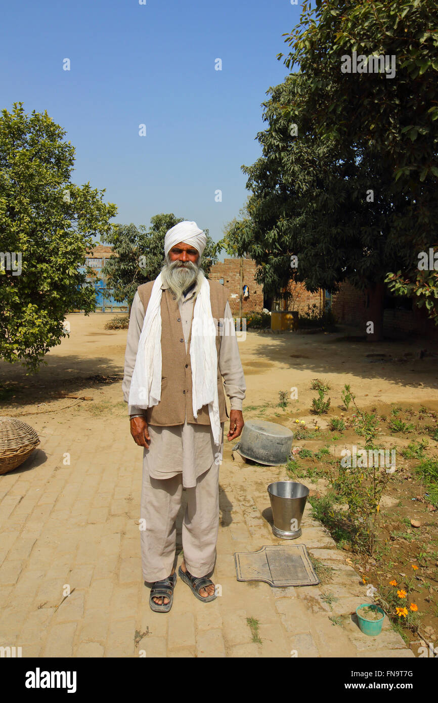 Ein traditionell gekleideten Sikh ältester im Hof des eine kleine Gurdwara im ländlichen Rajasthan, Nordindien. Stockfoto