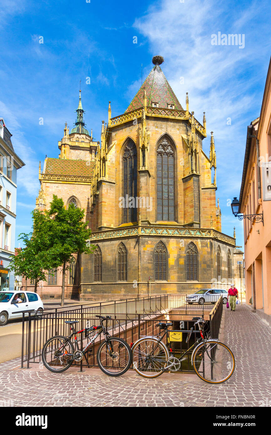 Fassade-Saint-Martin-Kirche von Colmar, Elsass, Frankreich Stockfoto