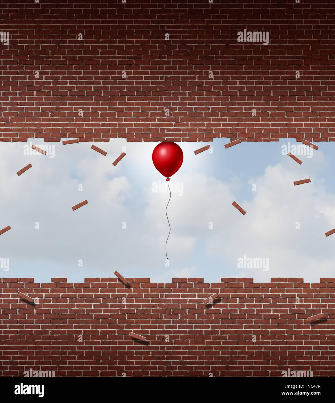 Macht Geschäftskonzept und außergewöhnliche Leistung Symbol als einen kleinen roten Ballon hob und auseinander zu brechen eine Wand Ziegel und Mörtel als Metapher für erstaunliche herausragende Übererfüllung. Stockfoto
