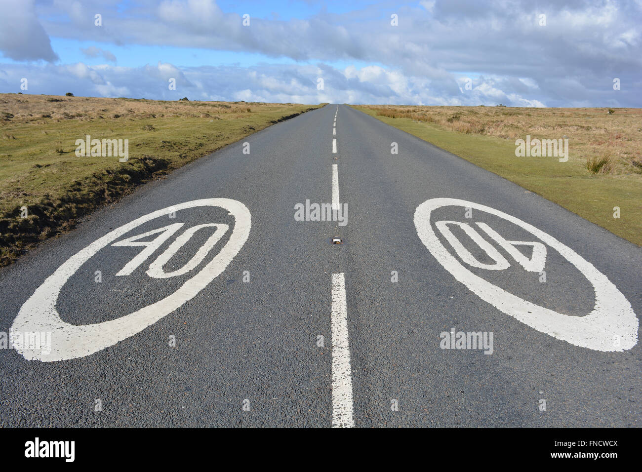 Straße markiert mit weiß lackierten 40 km/h Geschwindigkeitsbeschränkung, Schweinefleisch Hill, Dartmoor National Park, Devon, England Stockfoto