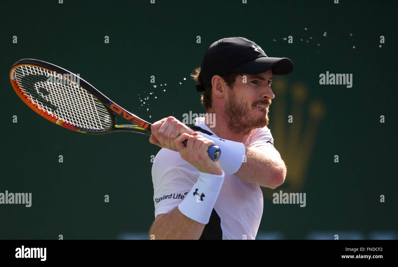 (160315)--INDIAN WELLS, März. 15, 2016 (Xinhua)--Andy Murray aus Großbritannien in seine dritte Runde Herren Einzel gegen Federico Delbonis von Argentinien bei der BNP Paribas Open in Indian Wells, Vereinigte Staaten, am 14. März 2016 konkurriert. Murray verlor 1: 2. (Xinhua/Yang Lei) Stockfoto