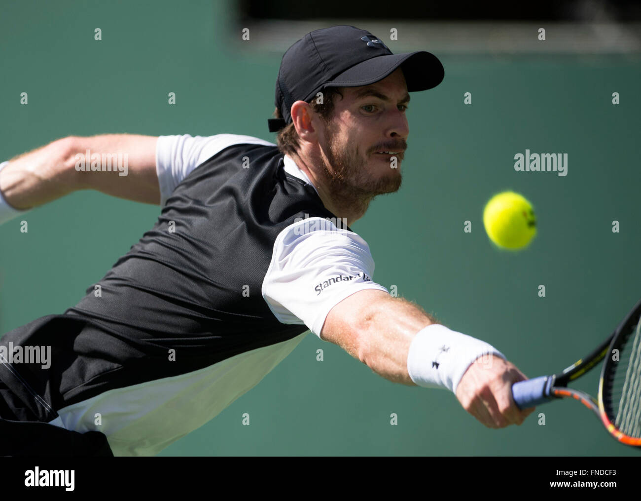 (160315)--INDIAN WELLS, März. 15, 2016 (Xinhua)--Andy Murray aus Großbritannien trifft eine Rückkehr in seine dritte Runde Herren Einzel gegen Federico Delbonis von Argentinien bei der BNP Paribas Open in Indian Wells, Vereinigte Staaten, am 14. März 2016. Murray verlor 1: 2. (Xinhua/Yang Lei) Stockfoto