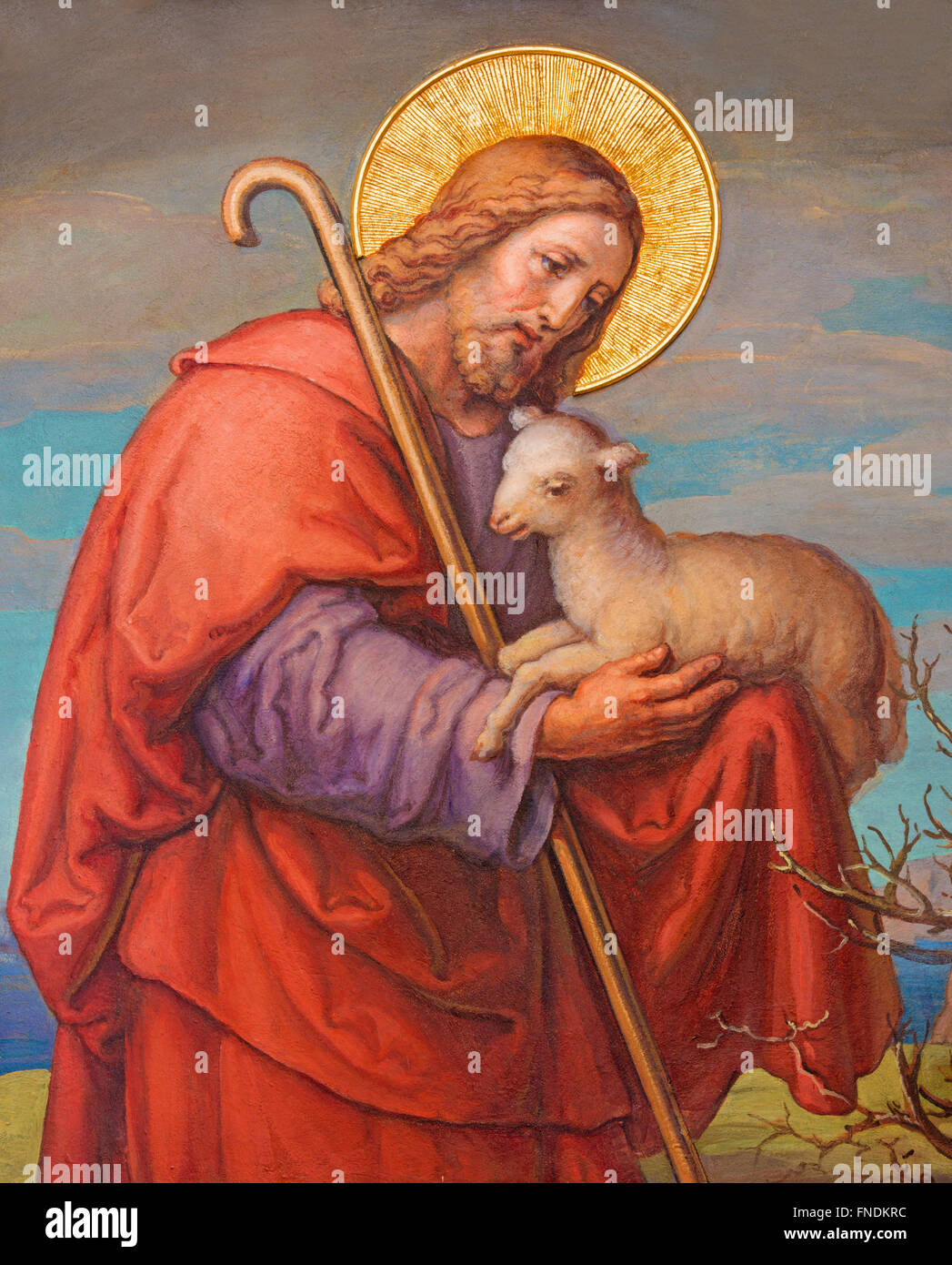 Wien, Österreich - 17. Februar 2014: Fresko von Jesus als guter Hirte von Josef Kastner 1906 - 1911.i Stockfoto
