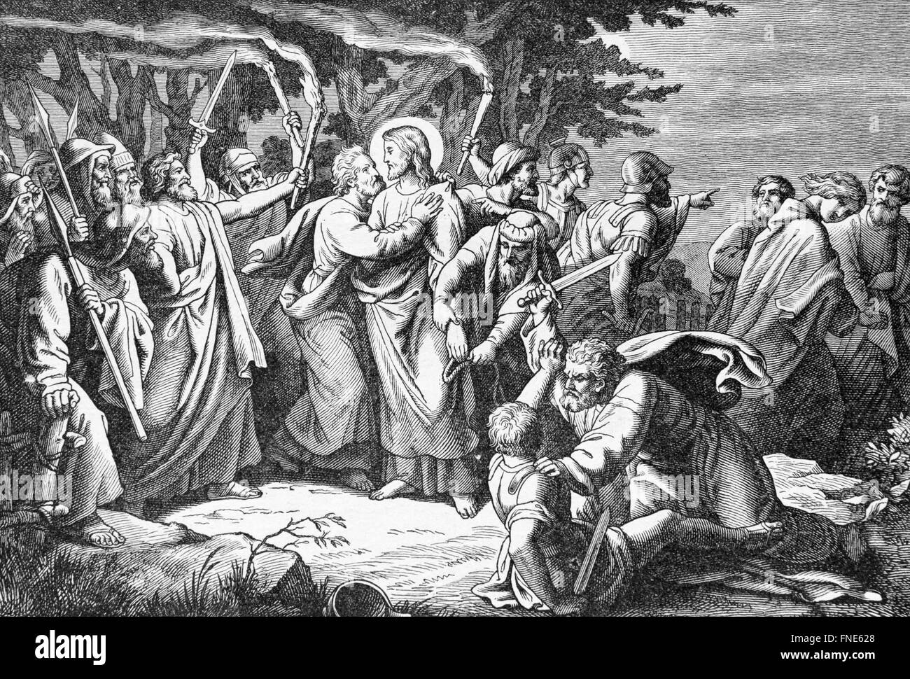 SEBECHLEBY, Slowakei - 27. Juli 2015: Die Verhaftung von Jesus in Gethsemane Garten Lithografie des Künstlers Scheuchl 1907 Stockfoto