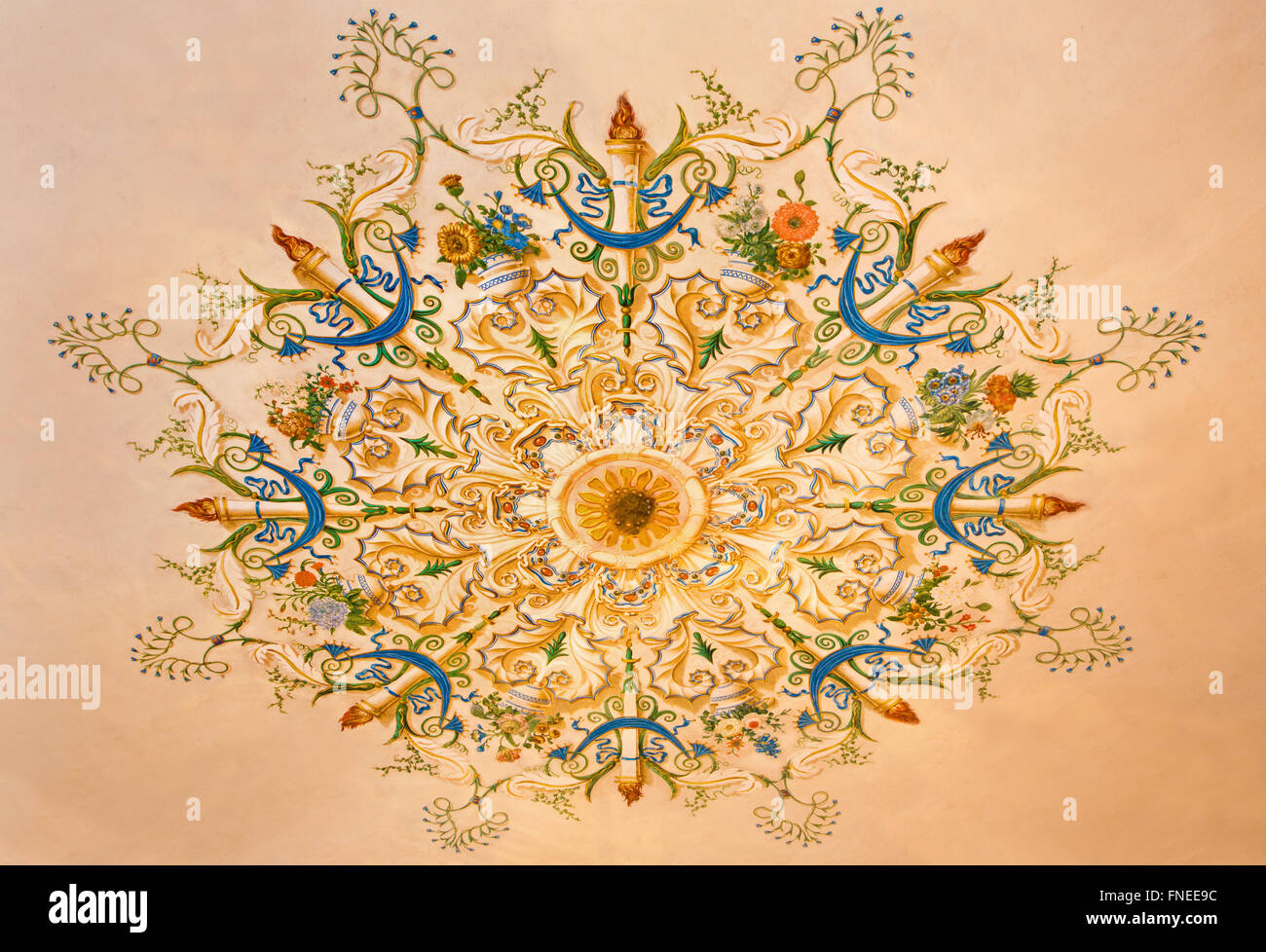 St. ANTON, Slowakei - 26. Februar 2014: Detail des Deckenfresko aus Bibliothek in St. Anton Palast ab 19. Jhdt. Stockfoto