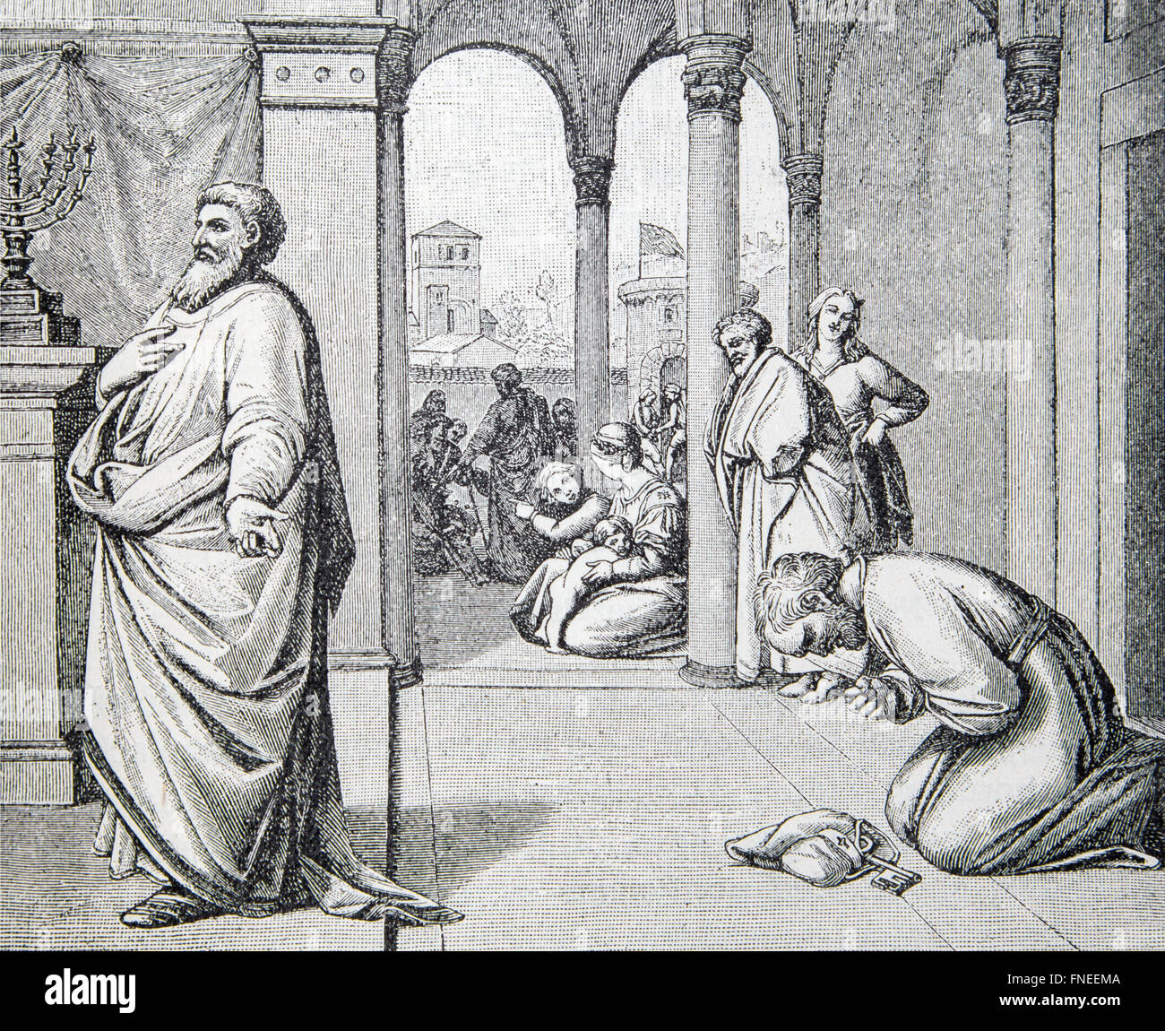 SEBECHLEBY, Slowakei - 27. Juli 2015: Die Gebete der Pharisäer und Zöllner Lithografie von unbekannten Künstler (1907). Stockfoto