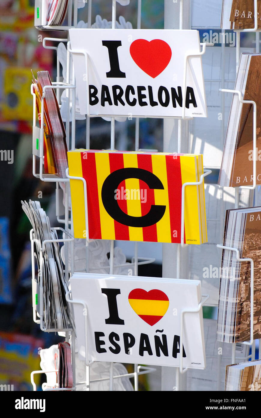 Postkarten, La Rambla, Barcelona. Katalonien, Spanien Stockfoto