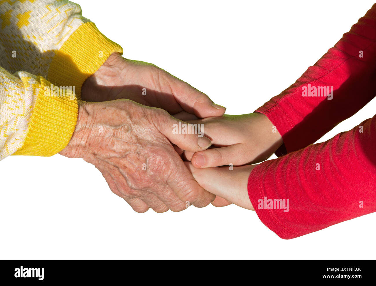 Die isolierten Hände der Großmutter und Enkel Stockfoto