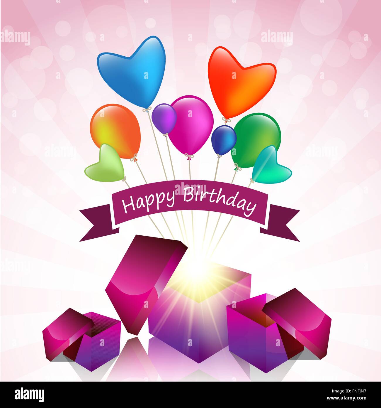 Happy birthday Karte mit Magic Geschenkbox und farbigen Ballon Stock Vektor