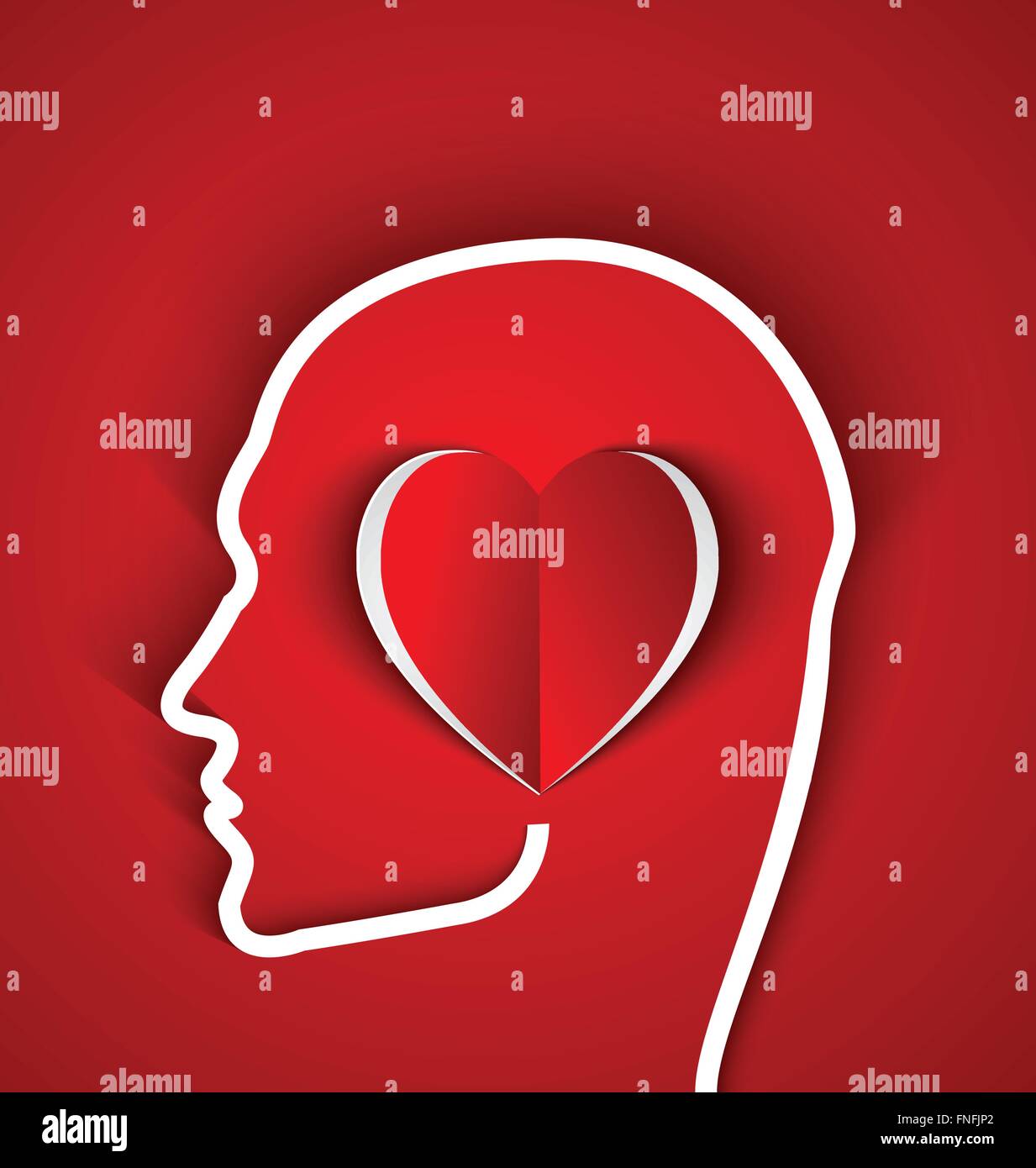 Menschliche Umrisse Kopf mit Papier rot Herz auf rotem Grund. Die Person in Liebe Konzept Stock Vektor