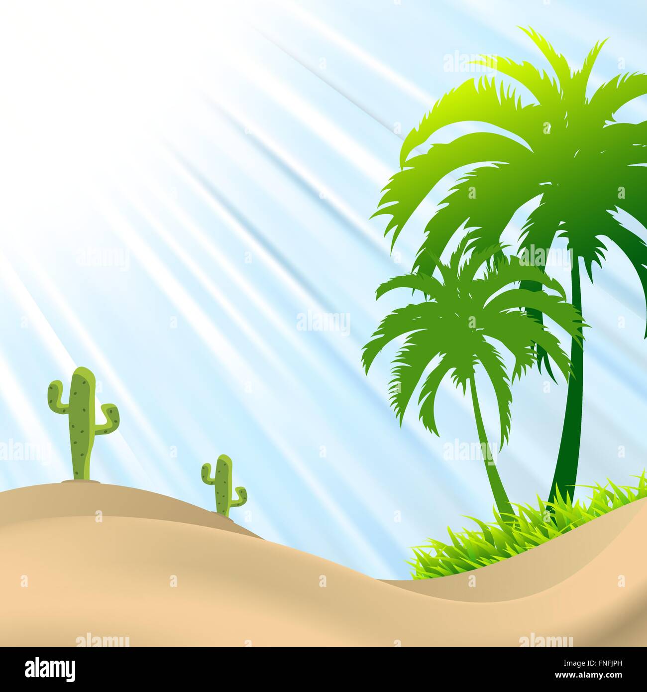Wüste Szene mit Palmen, Kakteen, Sanddünen Stock Vektor
