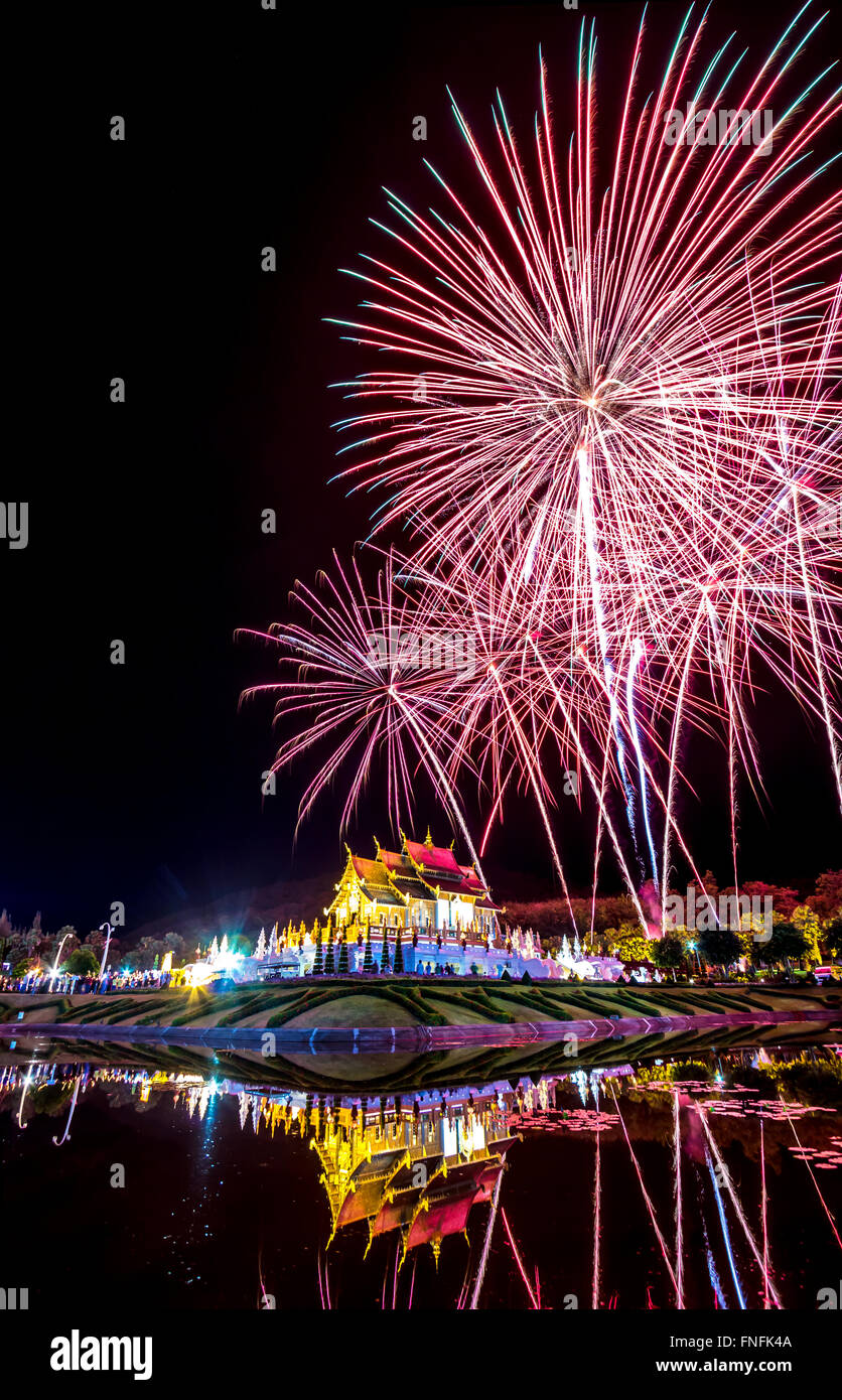 Feuerwerk in den Nachthimmel auf Daddy Tag (Vatertag) im königlichen Park Rajapruek, Chiangmai, Thailand Stockfoto