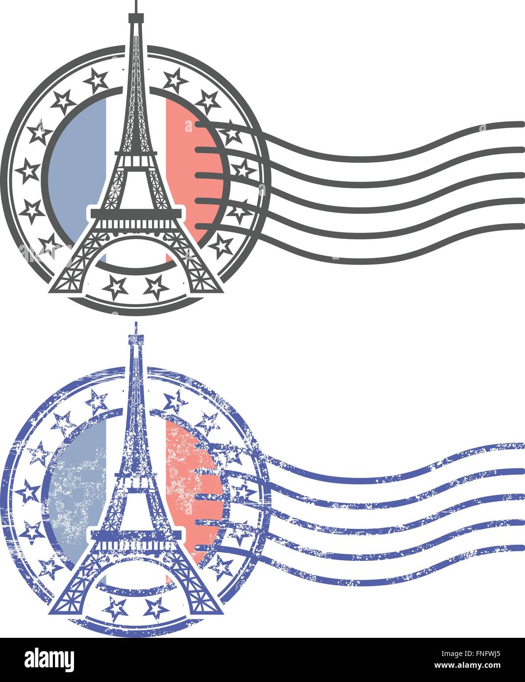 Grunge Stempel mit Eiffelturm - Wahrzeichen von Paris. Stock Vektor