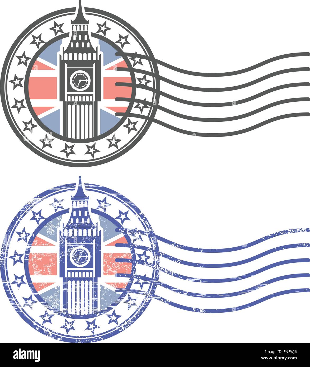 Grunge Stempel mit Big Ben und die britische Flagge - Wahrzeichen von London Stock Vektor