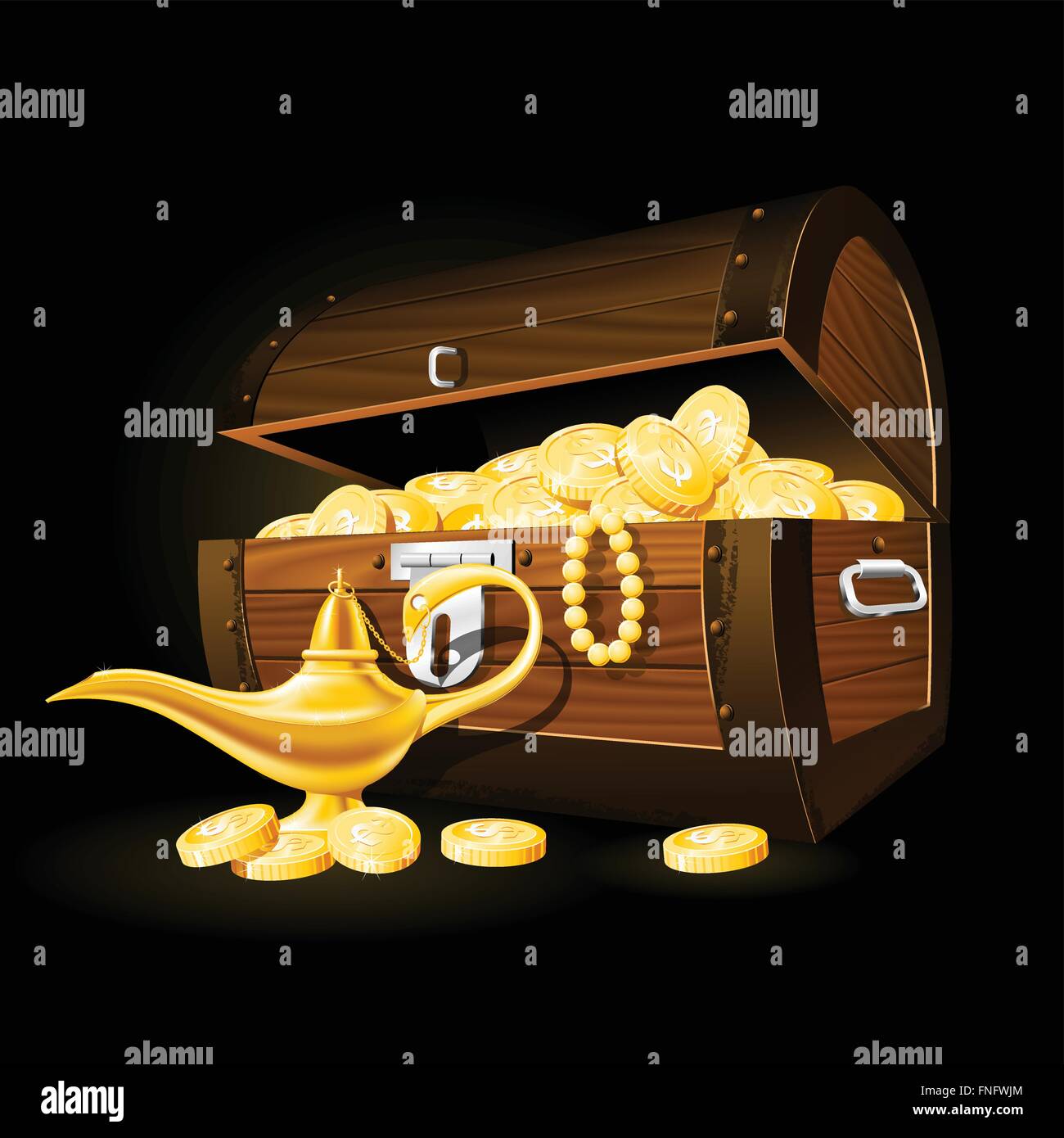 Schatztruhe von Münzen und Aladins Wunderlampe Stock Vektor