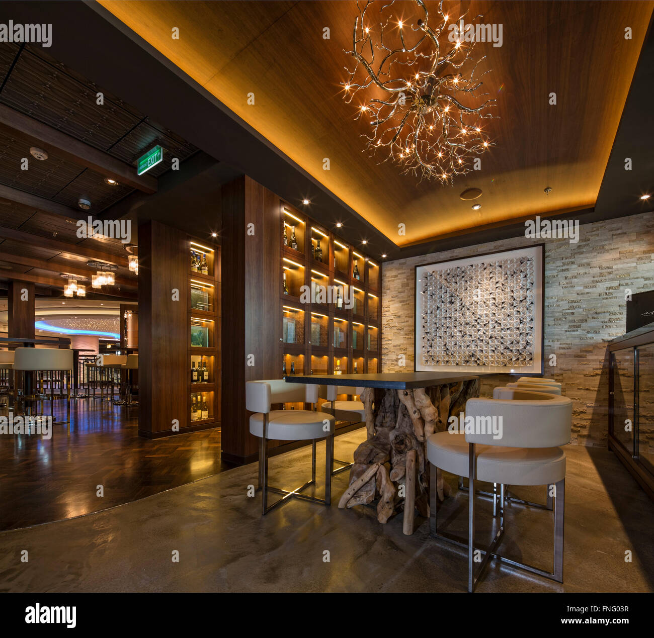 Weinbar mit Funktion Beleuchtung und Tisch. Norwegian Cruise Schiff – die Flucht, Southampton, Vereinigtes Königreich. Architekt: SMC Design Stockfoto