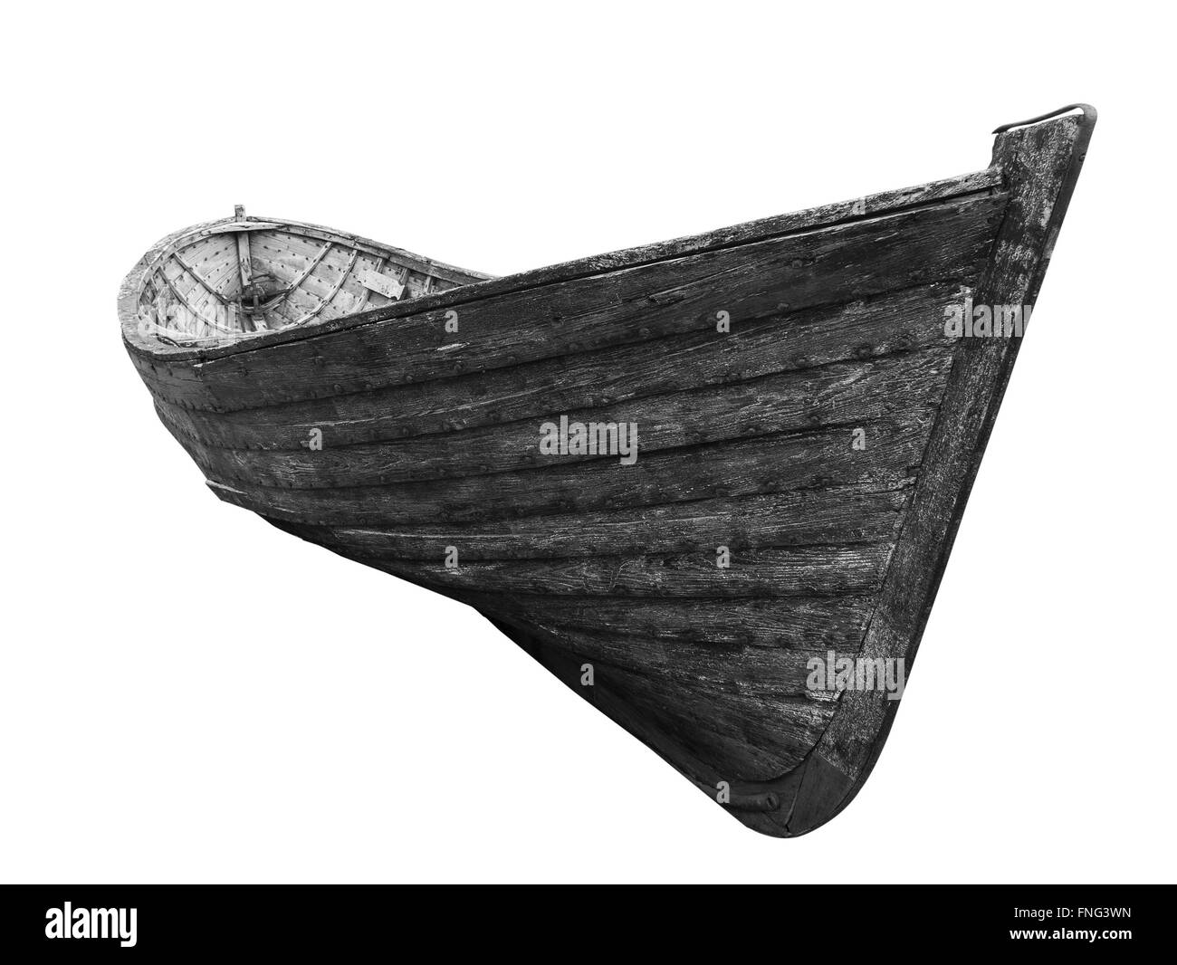 Horizontale Vorderansicht von einem alten Fischerboot Holz mit rostigen Nägeln isoliert auf weißem Hintergrund Stockfoto