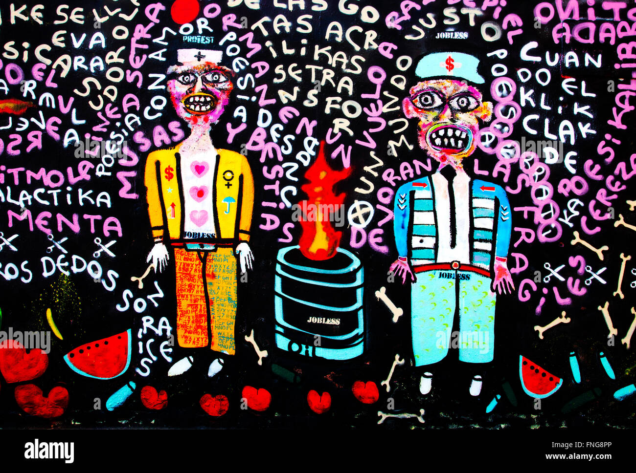 Graffiti Bild an Wand, Poble sec, Barcelona, Spanien. Stockfoto