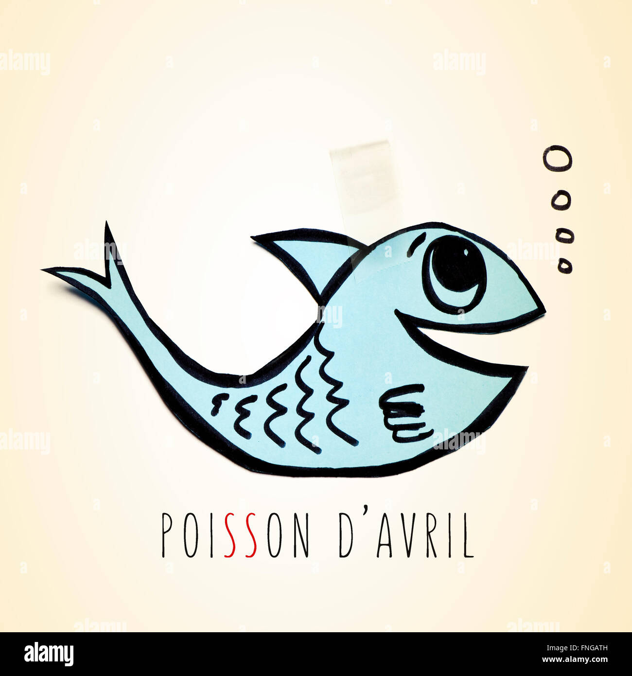 ein blaues Bütten Fisch befestigt mit Klebeband und der Text Poisson d Avril Aprilscherze Tag auf Französisch Stockfoto