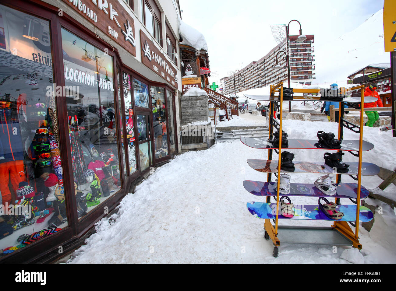 Tignes, Frankreich, Ski Resort. Skiverleih Stockfoto