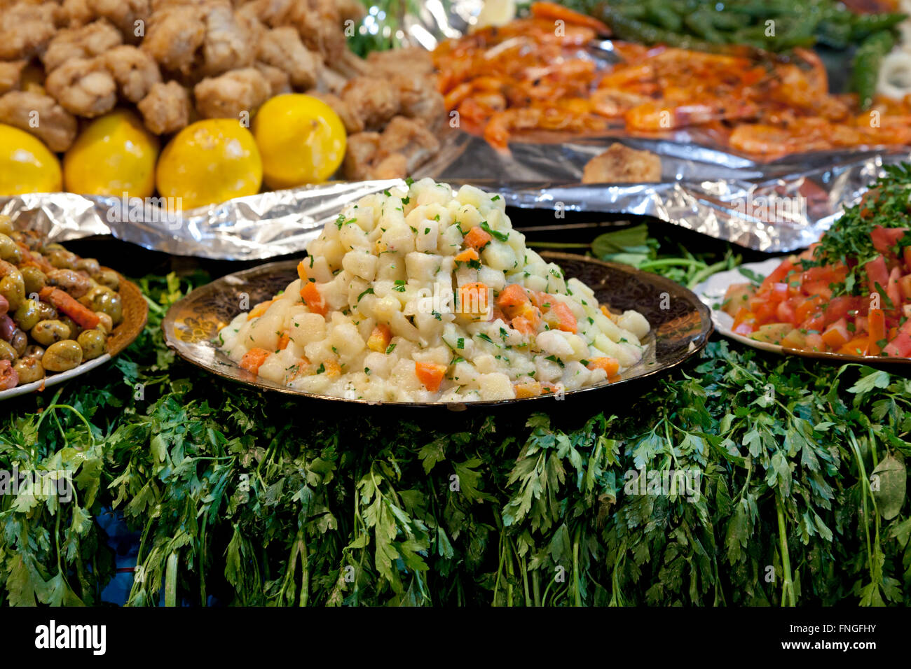 Lebensmittel auf dem Markt Jamaa el Fna Marrakesch, Marokko Stockfoto