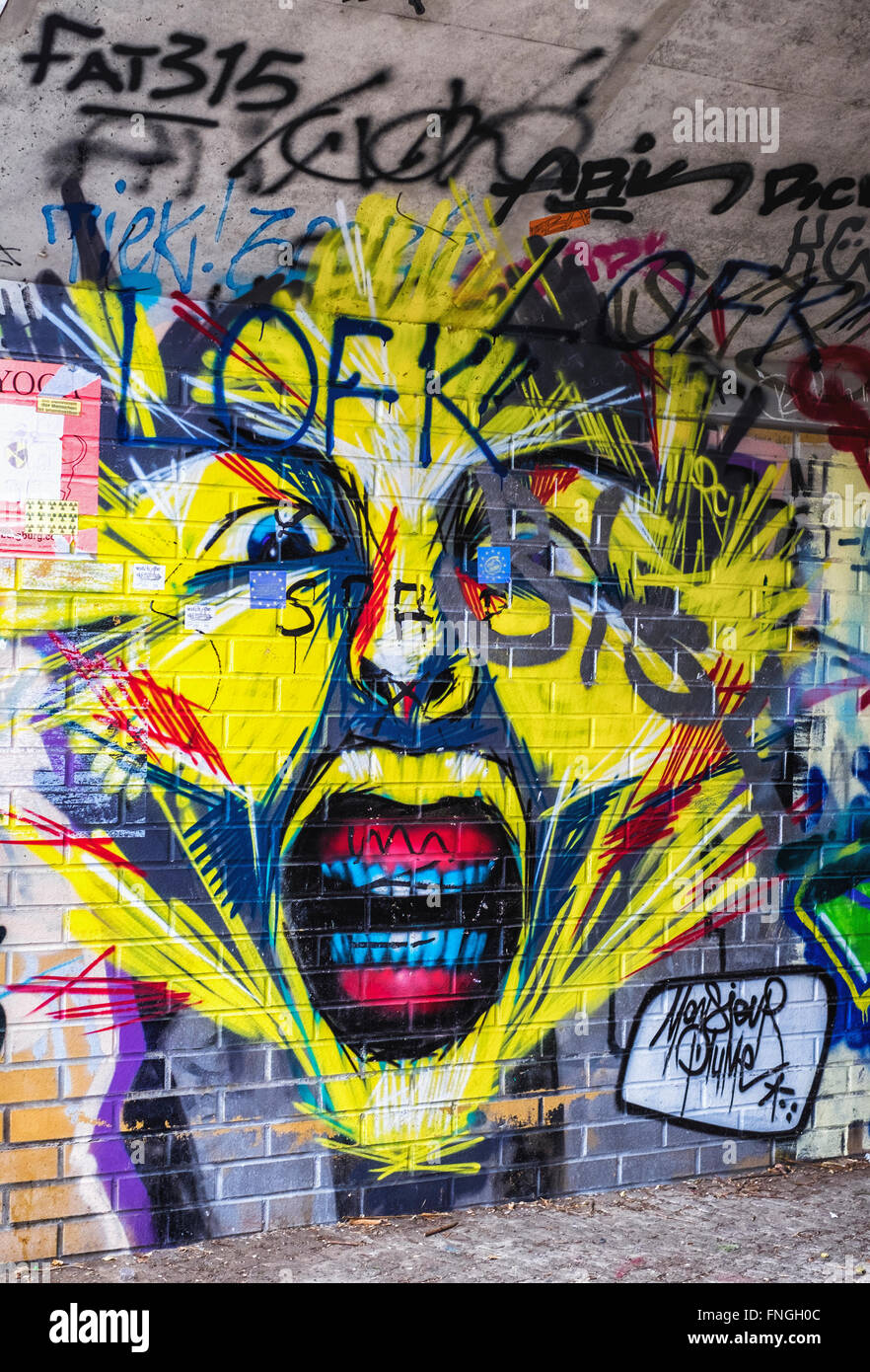 Heftige gelbes Gesicht des Künstlers, Monsieur Plume, Streetart und Graffiti an verfallenen Gebäude auf Riverside Walk entlang Pank Stockfoto