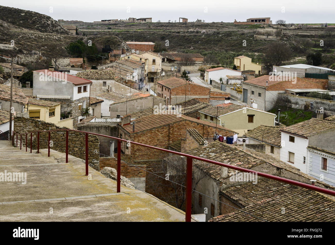 Ein Dorf hoch Blick auf Sentiu de Sió, Lleida Provinz, Katalonien, Spanien Stockfoto