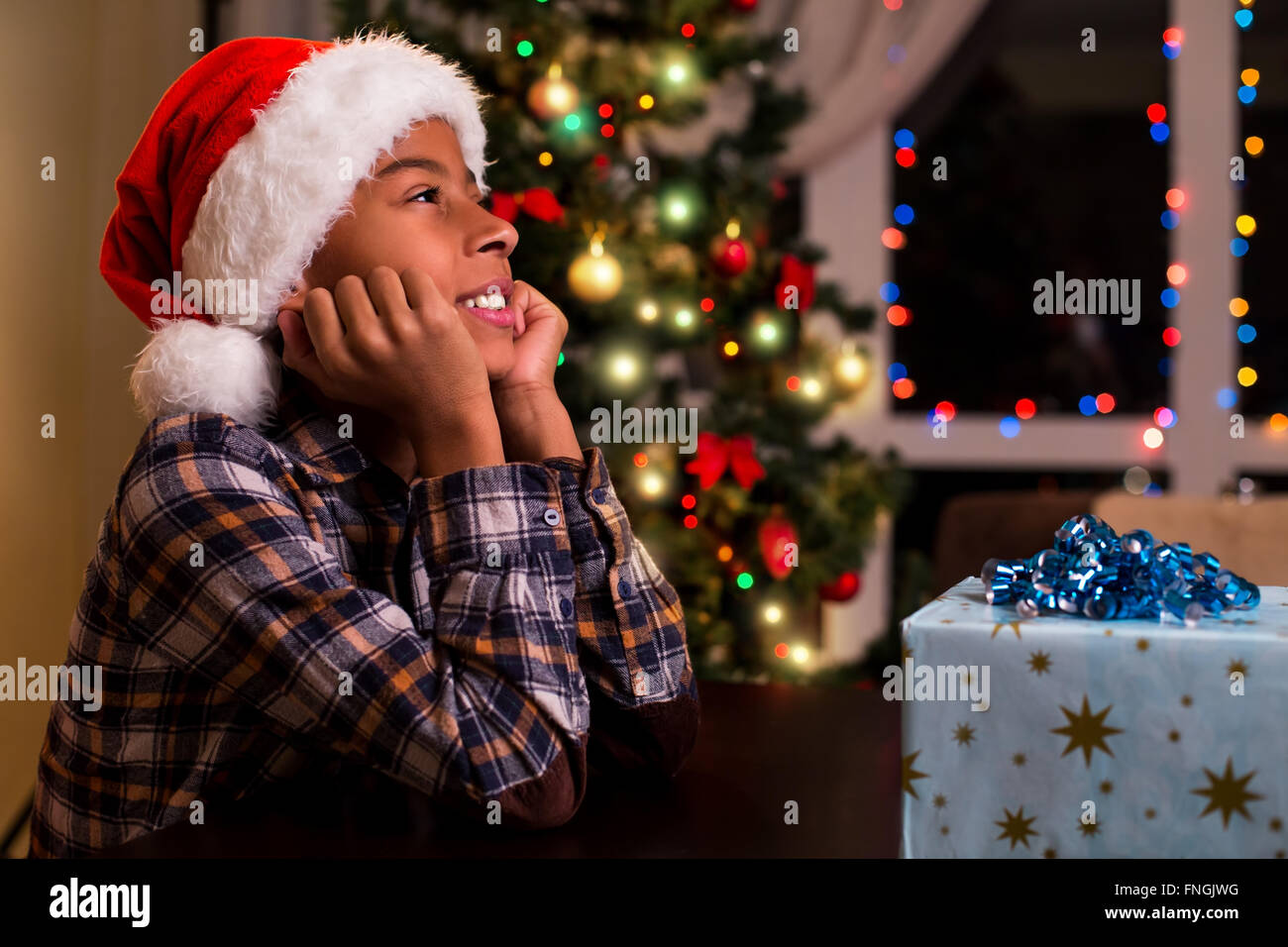 Junge im Santa Hut lächelnd. Stockfoto