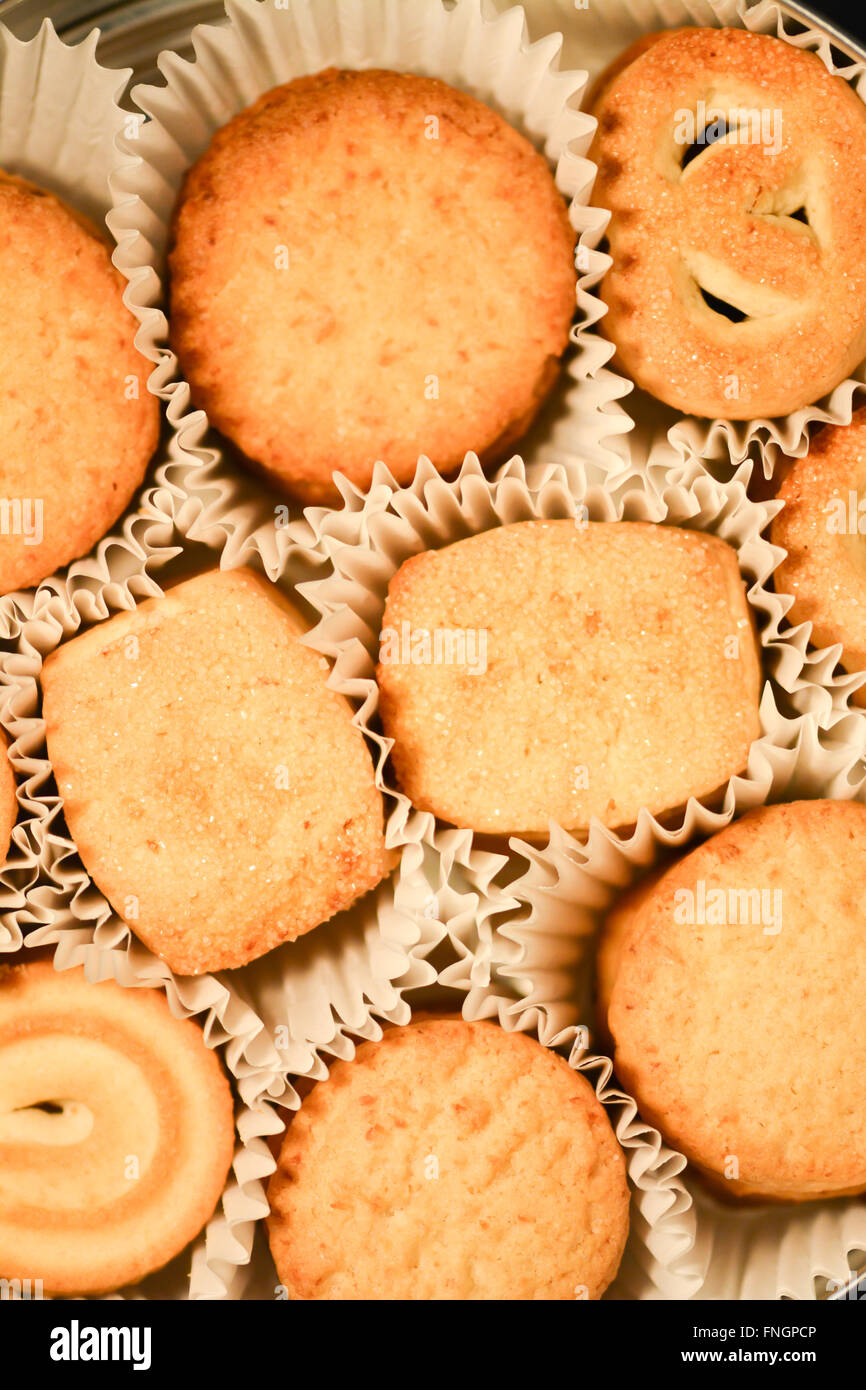 Schachtel mit Danish Butter Cookies Nahaufnahme Stockfoto