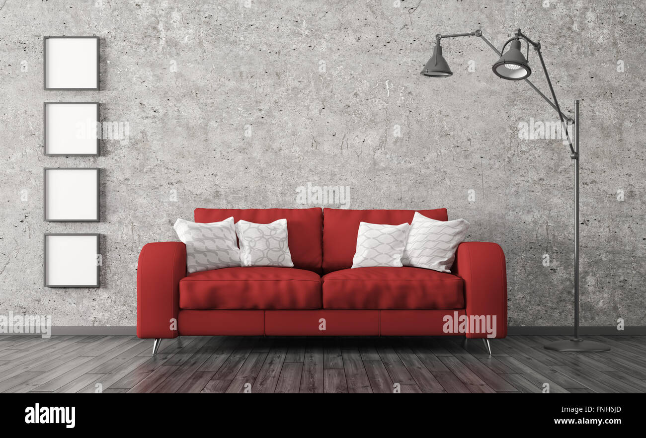 Modernes Interieur aus Wohnzimmer mit roten Sofa, Stehleuchte gegen Beton Wand 3D-Rendering Stockfoto