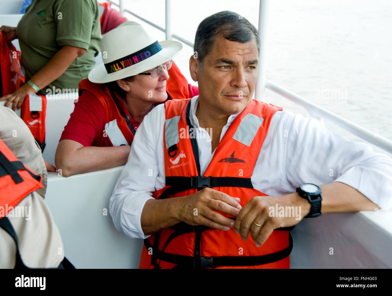 Präsident Correa Boot auf dem Amazonas in Guayaquil, Ecuador während der Dreharbeiten von Ecuador: The Royal Tour. Stockfoto
