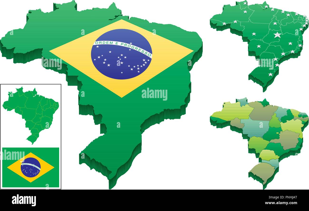 3D Vektorkarte von Brasilien in 3 Versionen. Flache Karte Brasiliens sowie die brasilianische Flagge sind als Bonus enthalten. Sie können entfernen Stock Vektor