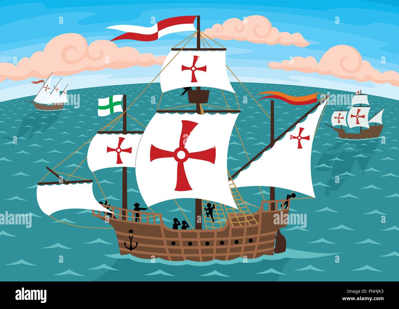 Die Schiffe von Christopher Columbus auf ihrem Weg nach Amerika. Entfernen Sie die Kreuze zu drei ordentlichen Segelschiffe. Stock Vektor