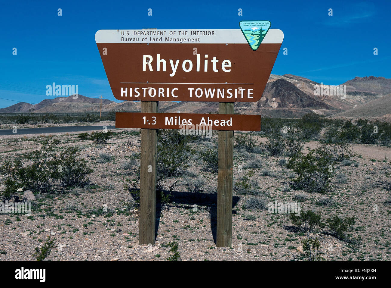 Rhyolith historischen Townsite Zeichen, Rhyolite, Nevada, Vereinigte Staaten von Amerika Stockfoto